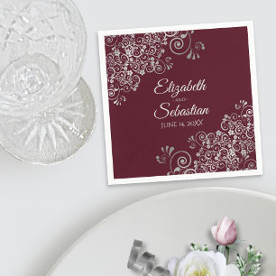 Burgundy with Silver Frills Elegant Wedding Napkin