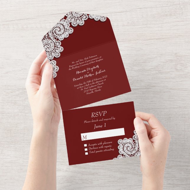 Burgundy with White Lace All In One Invitation (Tearaway)