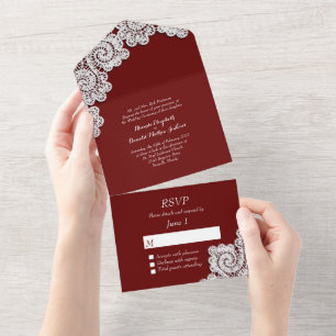 Burgundy with White Lace All In One Invitation