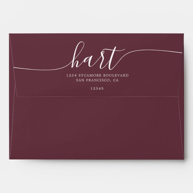 Burgundy with White Script Return Address Envelope (Back (Top Flap))