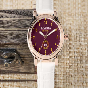 Burgundy woman monogram custom watch