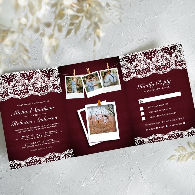 Burgundy Wood Country Lace Photo Collage Wedding Tri-Fold Invitation (Creator Uploaded)