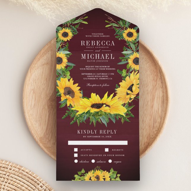 Burgundy Wood Country Sunflowers Garland Wedding All In One Invitation (Creator Uploaded)