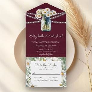 Burgundy Wood Daisies Floral Mason Jar Wedding All In One Invitation