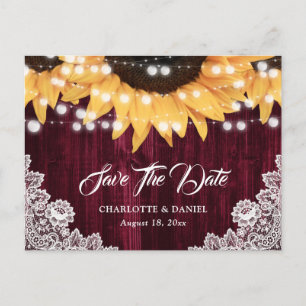 Burgundy Wood Floral Lace Sunflower Wedding Announcement Postcard