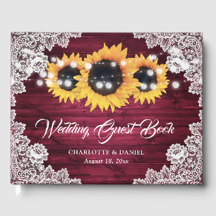 Burgundy Wood Floral Lace Sunflower Wedding Guest Book