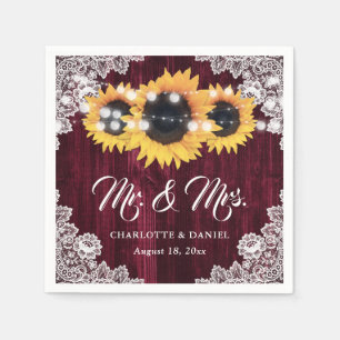 Burgundy Wood Floral Lace Sunflower Wedding Napkin