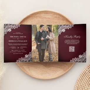Burgundy Wood Lace Photo QR Code Wedding Tri-Fold Invitation