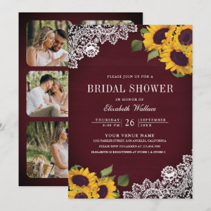 Burgundy Wood Lace Sunflower Photo Bridal Shower Invitation