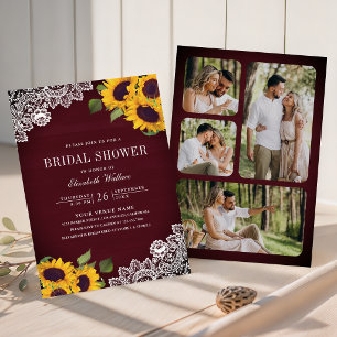 Burgundy Wood Lace Sunflower Photo Bridal Shower Invitation