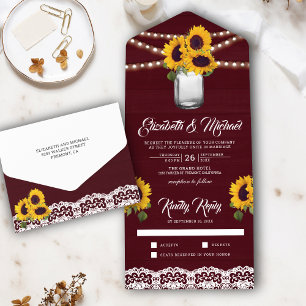 Burgundy Wood Lace Sunflowers Mason Jar Wedding All In One Invitation