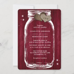 Burgundy Wood Mason Jar Rustic Fall Wedding Invitation