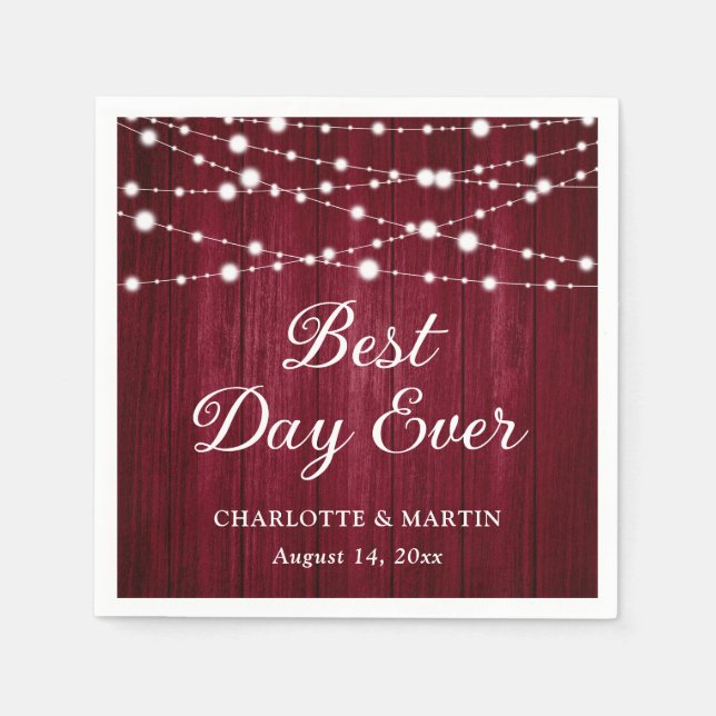 Burgundy Wood String Lights Rustic Wedding Napkin (Front)