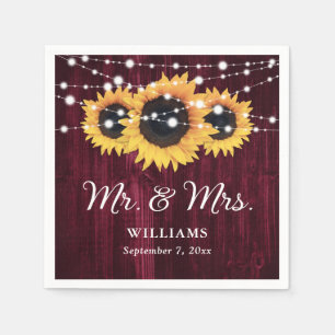 Burgundy Wood String Lights Sunflower Wedding Napkin