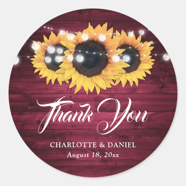 Burgundy Wood Sunflower Wedding Thank You Favor Classic Round Sticker (Front)