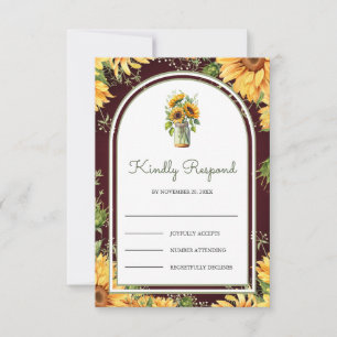Burgundy Wood Sunflowers Mason Jar Arch Wedding RSVP Card