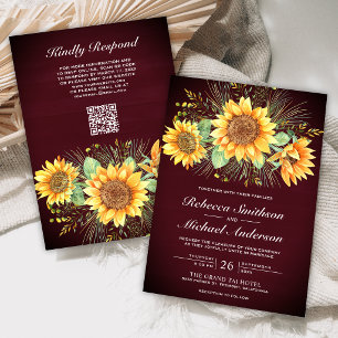 Burgundy Wood Sunflowers QR Code Wedding Invitation