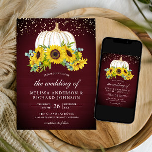 Burgundy Wood White Pumpkin Sunflowers Wedding Invitation