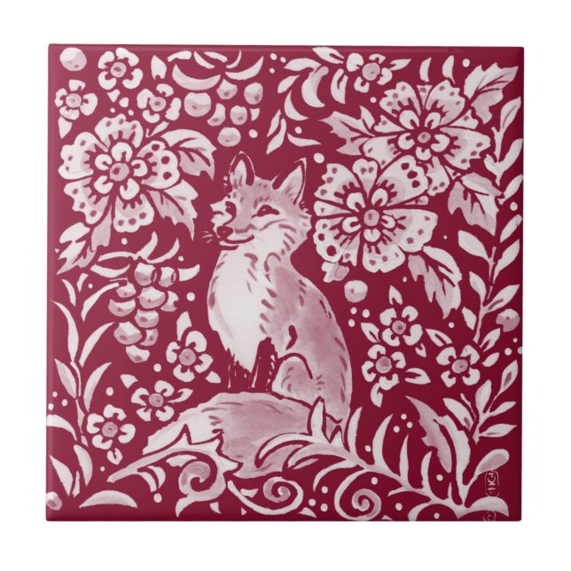 Burgundy Woodland Fox Forest Animal Floral Tile (Front)