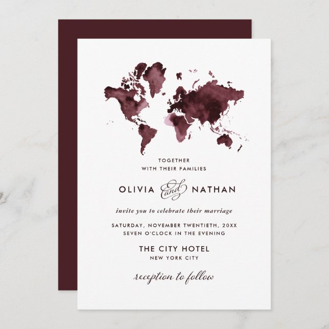 Burgundy World Map | Elegant Travel Theme Wedding Invitation (Front/Back)