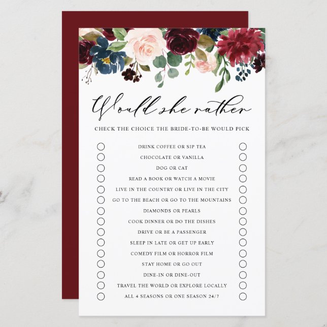 Burgundy Would She Rather Bridal Shower Game (Front/Back)
