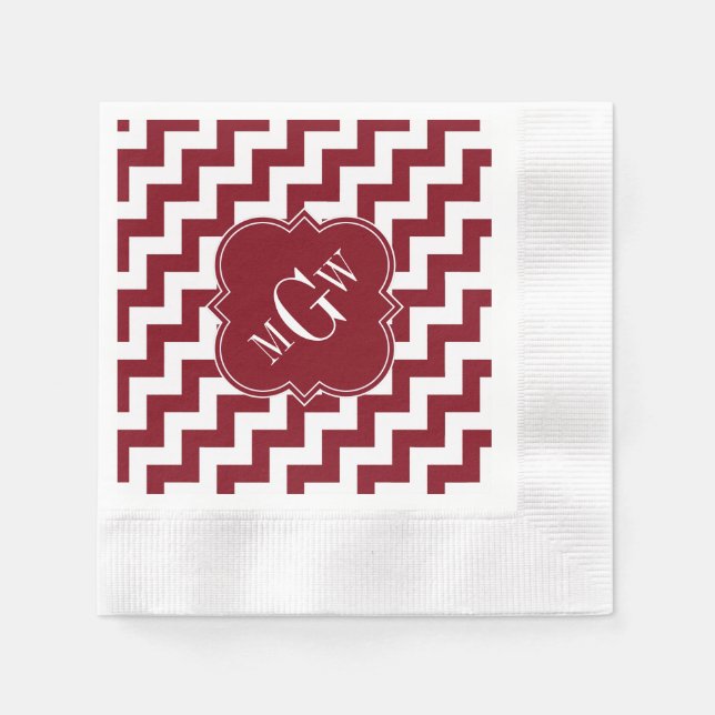 Burgundy Wt Chevron Burgundy Quatrefoil 3 Monogram Napkin (Front)