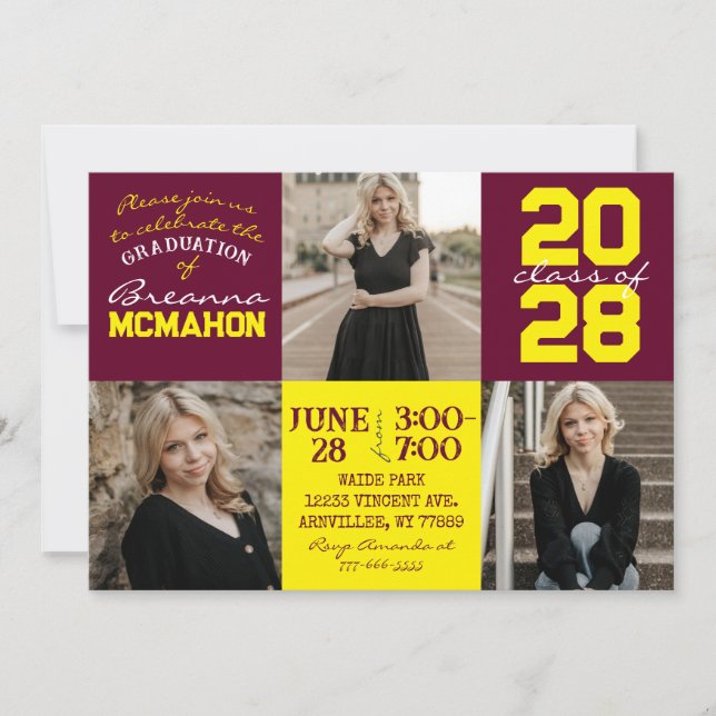 Burgundy & Yellow 3 Photo Graduation Invitation (Front)