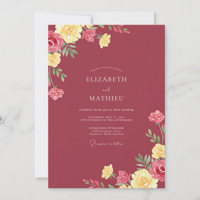 Burgundy Yellow Blossom Wedding Invitation (Front)