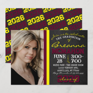 Burgundy & Yellow Chalkboard Graduation Photo Invitation
