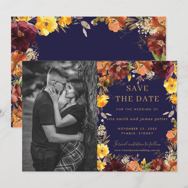 Burgundy Yellow Floral Photo Save the Date Card (Front/Back)