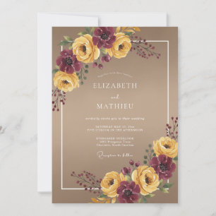 Burgundy Yellow Floral Romantic Wedding Invitation