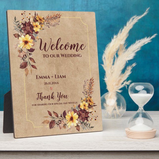 Burgundy Yellow Floral Welcome To Our Wedding Plaque (Side)