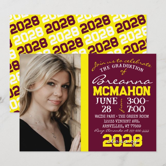 Burgundy & Yellow Graduation Photo Invitation (Front/Back)