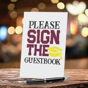 Burgundy & Yellow Guestbook Graduation Table Pedestal Sign