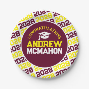 Burgundy & Yellow on White Graduation Personalised Paper Plate