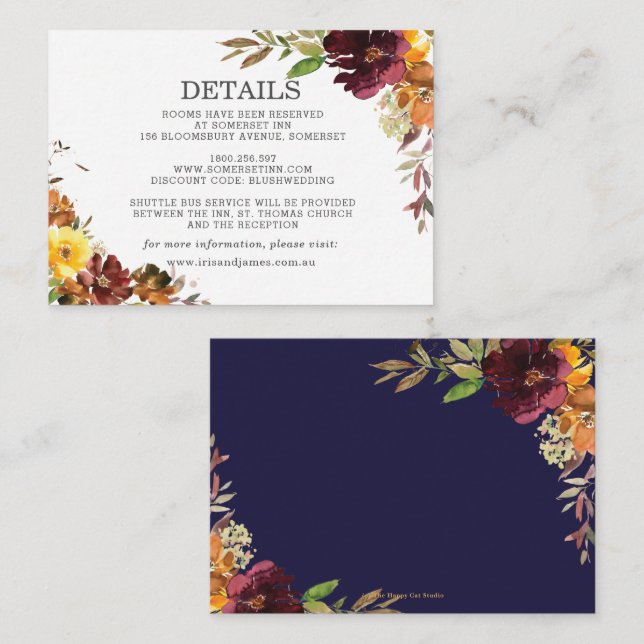 Burgundy Yellow Orange Floral Wedding Details  Enclosure Card (Front/Back)