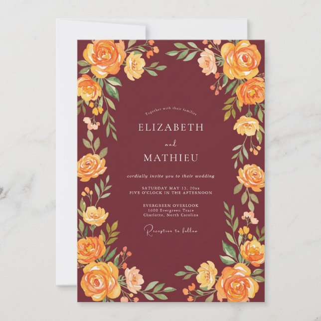 Burgundy Yellow Rose Wedding Invitation (Front)