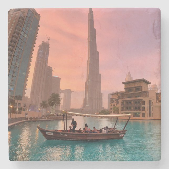Burj Khalifa Boat Lake Cityscape   Stone Coaster (Front)