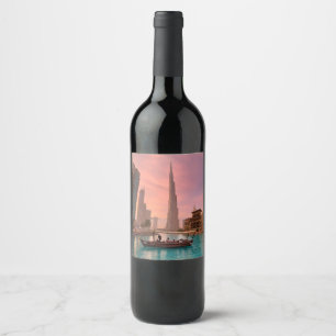 Burj Khalifa Boat Lake Cityscape Wine Label