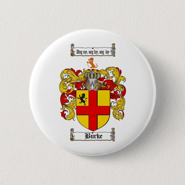 BURKE FAMILY CREST -  BURKE COAT OF ARMS 6 CM ROUND BADGE (Front)