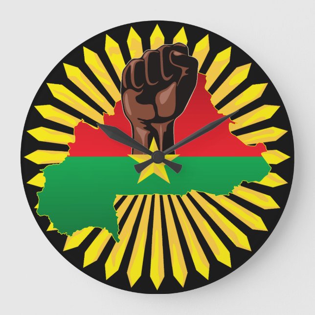 Burkina Faso Map, Flag and Revolution Fist Large Clock (Front)