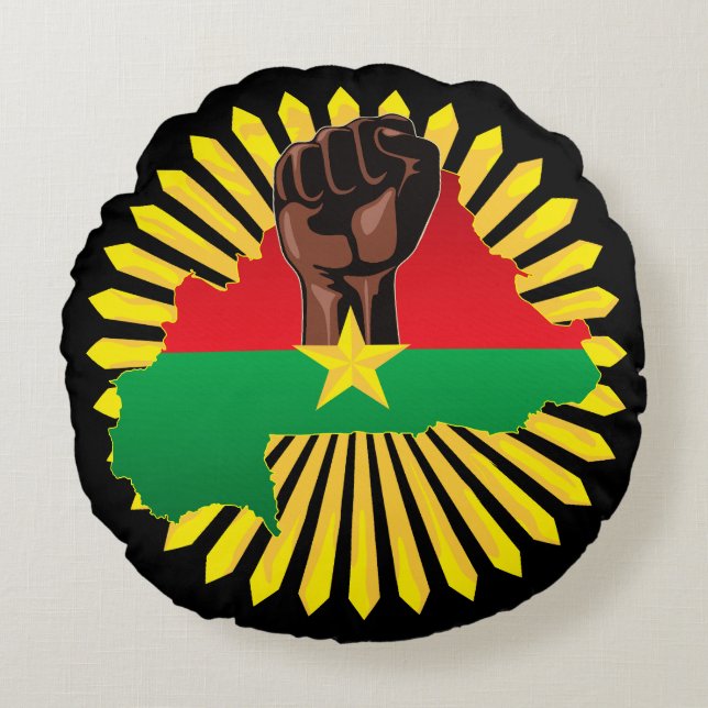 Burkina Faso Map, Flag and Revolution Fist Round Cushion (Front)