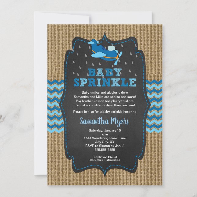 Burlap Aeroplanes Boy baby sprinkle invite (Front)