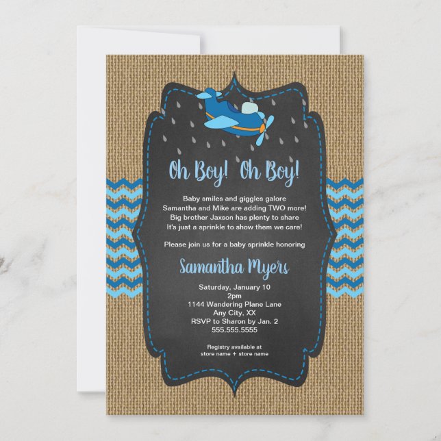 Burlap Aeroplanes Twin Boys baby sprinkle invite (Front)