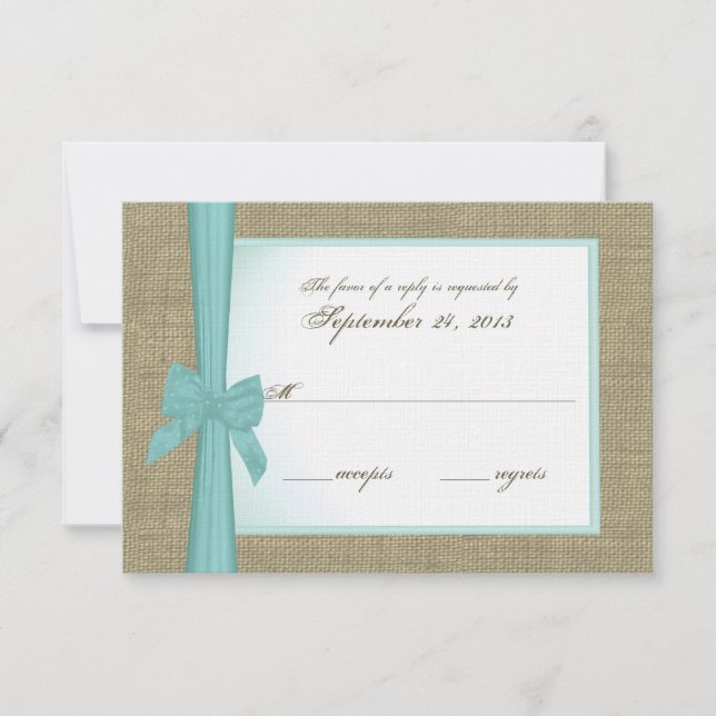 Burlap and Aqua Bow Custom Response Card (Front)