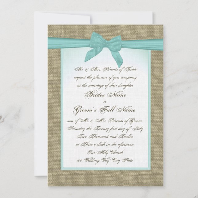 Burlap and Aqua Bow Rustic Wedding Invitation (Front)