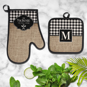 Burlap and Black Buffalo Check Personalised Oven Mitt & Pot Holder Set