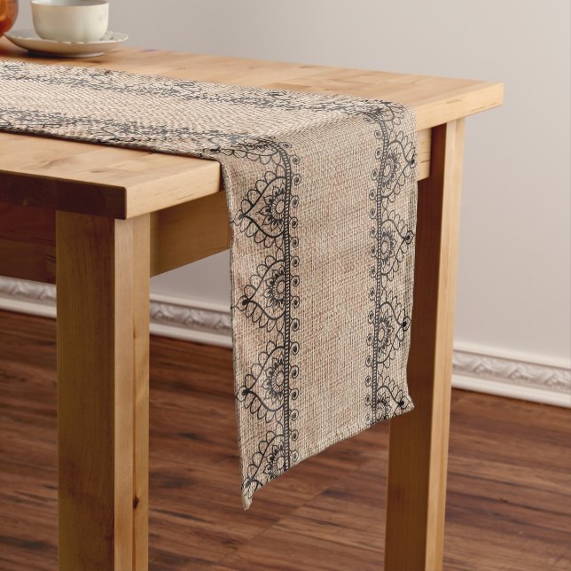 Burlap and black lace Print  Long Table Runner (In Situ)