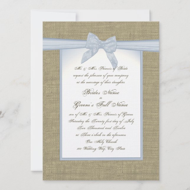 Burlap and Blue Bow Country Wedding Invitation (Front)