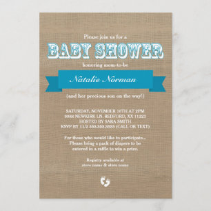 Burlap and blue ribbon rustic baby boy shower invitation